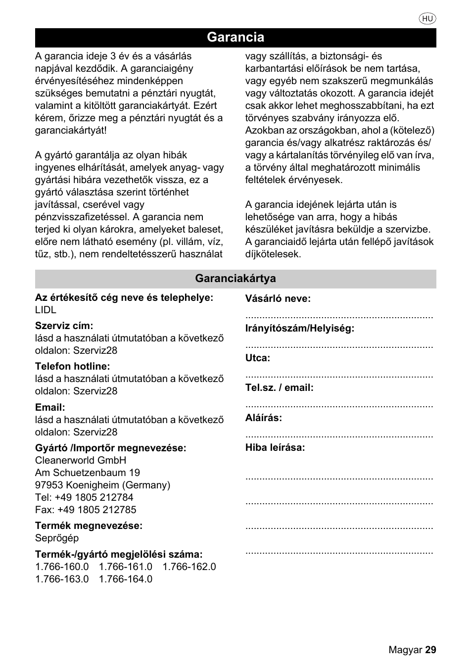 Garancia | Parkside PKM 1500 A1 User Manual | Page 29 / 32