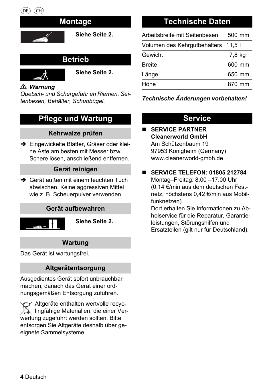 Montage betrieb pflege und wartung, Technische daten, Service | Parkside PKM 1500 A1 User Manual | Page 4 / 32