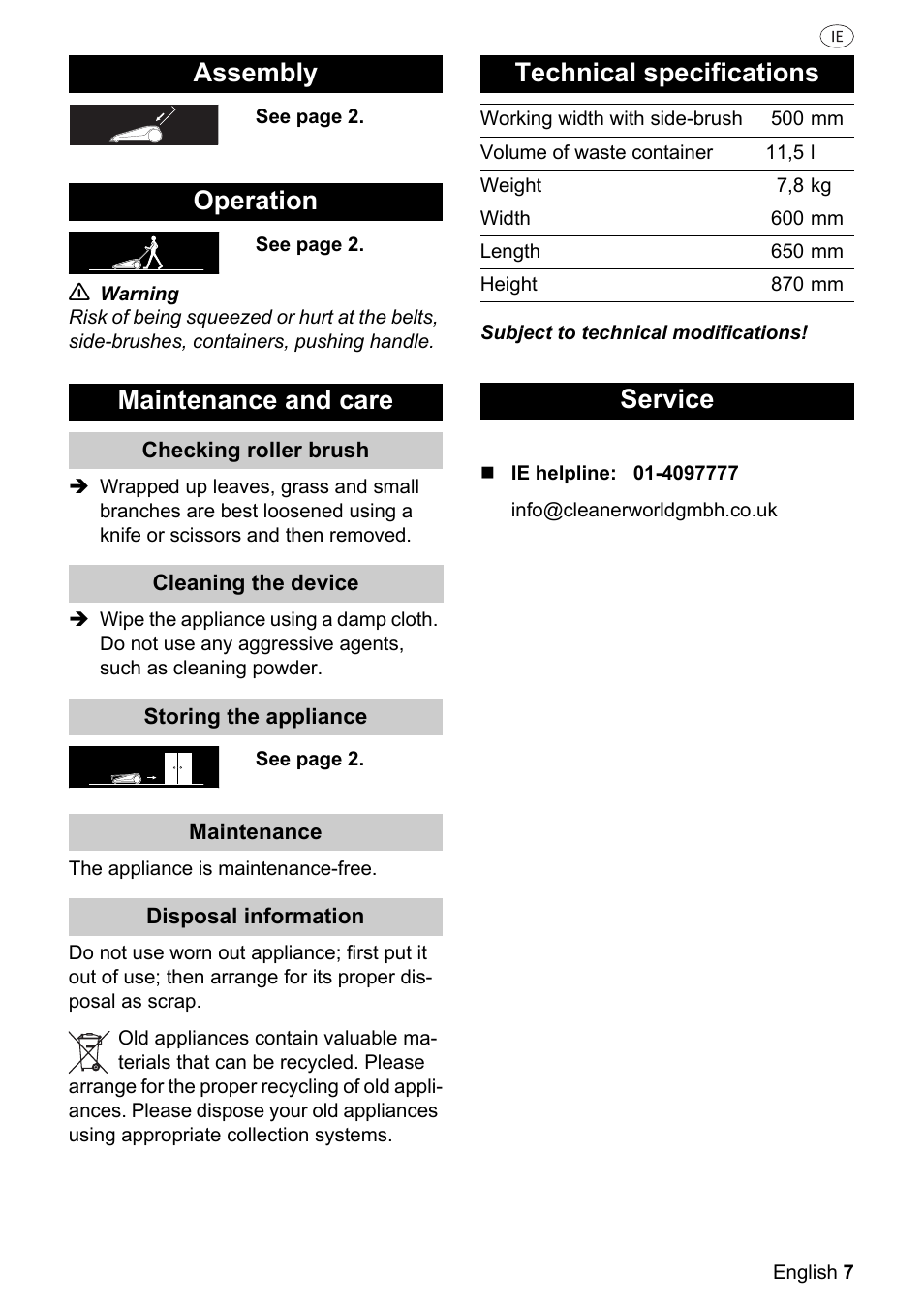 Assembly operation maintenance and care, Technical specifications, Service | Parkside PKM 1500 A1 User Manual | Page 7 / 32