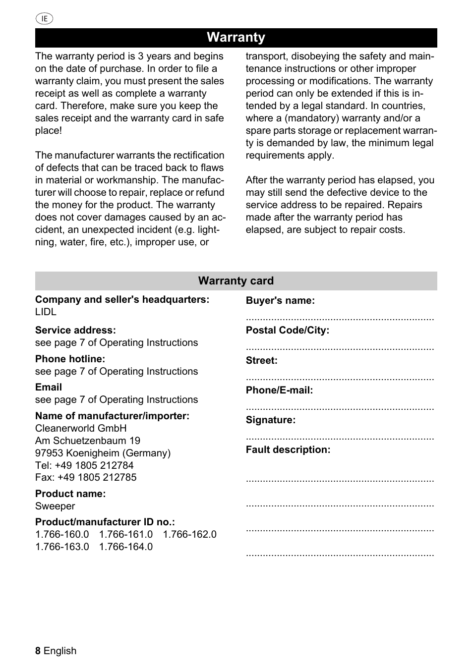 Warranty | Parkside PKM 1500 A1 User Manual | Page 8 / 32