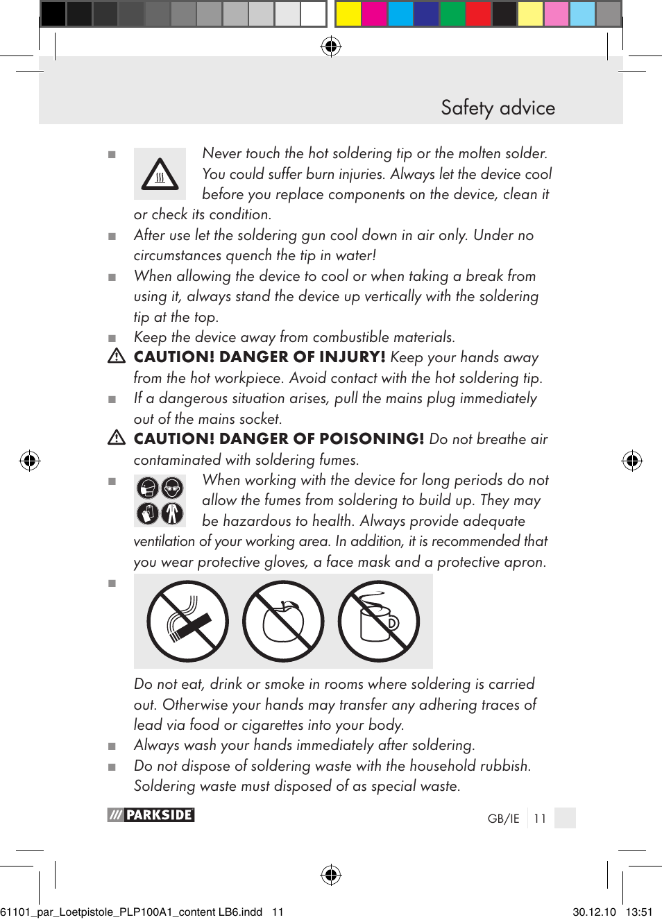 Safety advice | Parkside PLP 100 A1 User Manual | Page 10 / 17