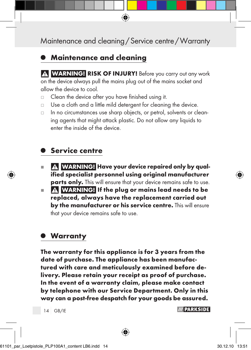 Maintenance and cleaning, Service centre, Warranty | Parkside PLP 100 A1 User Manual | Page 13 / 17