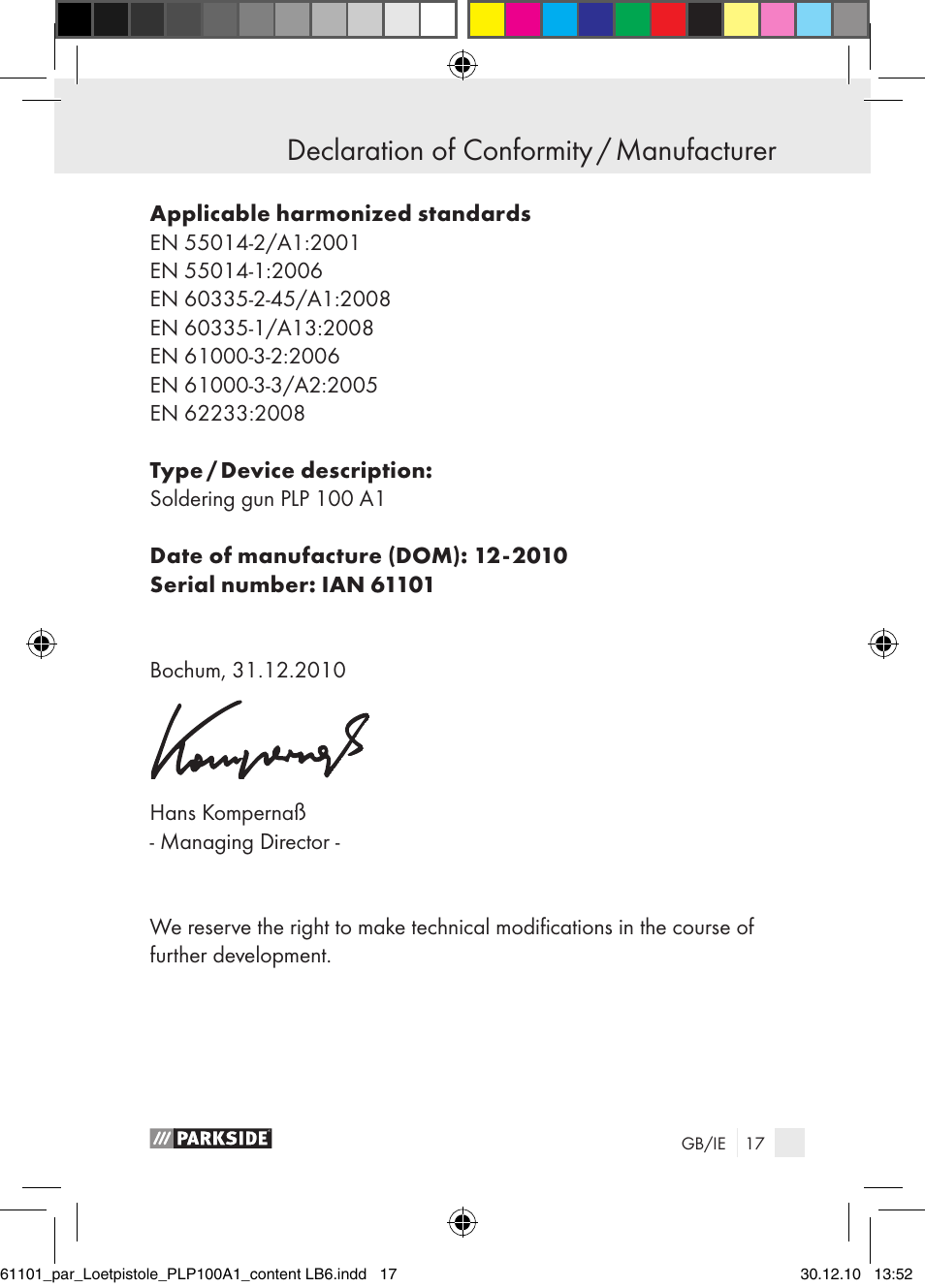 Declaration of conformity / manufacturer | Parkside PLP 100 A1 User Manual | Page 16 / 17