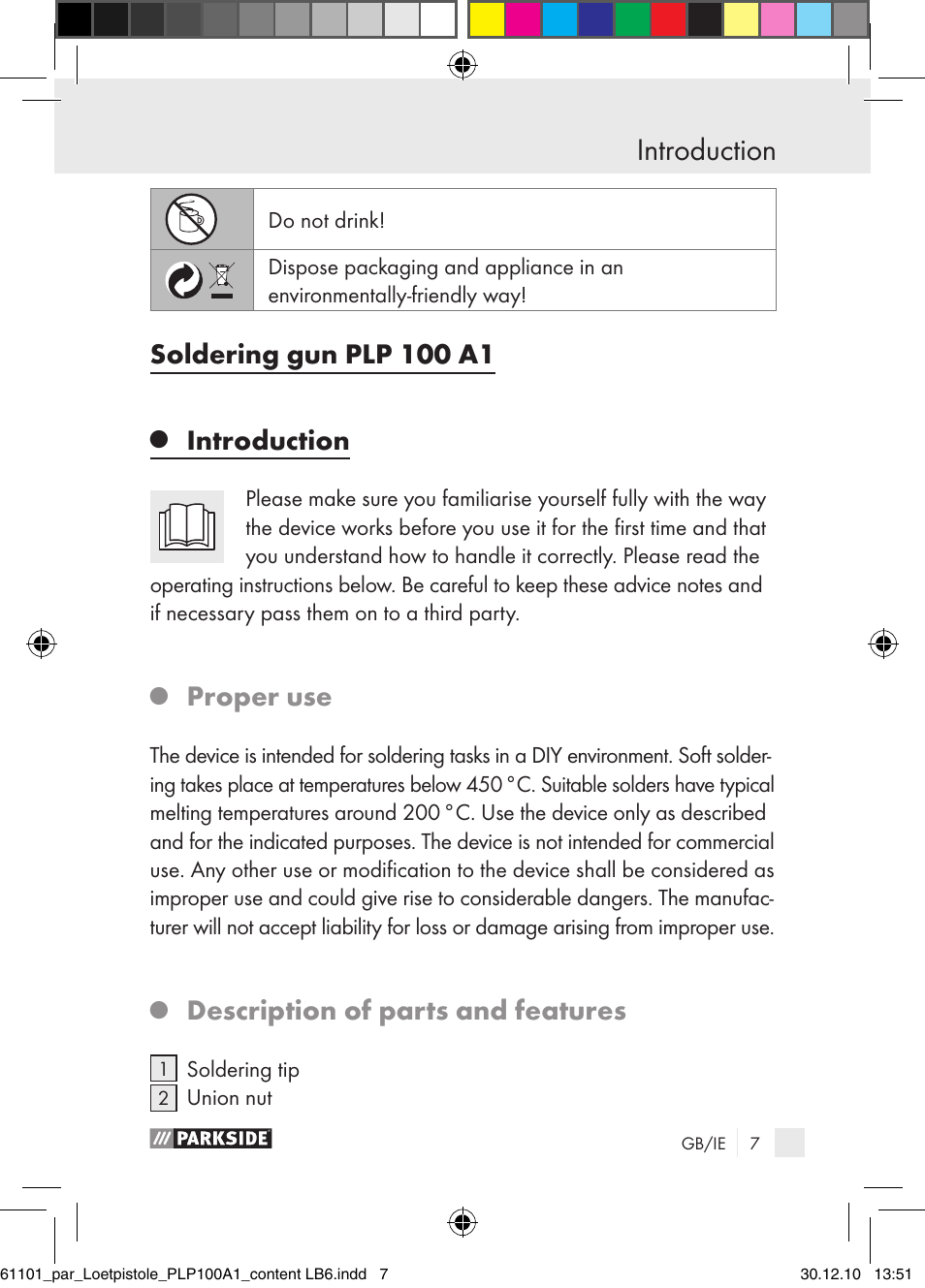 Introduction, Soldering gun plp 100 a1, Proper use | Description of parts and features | Parkside PLP 100 A1 User Manual | Page 6 / 17