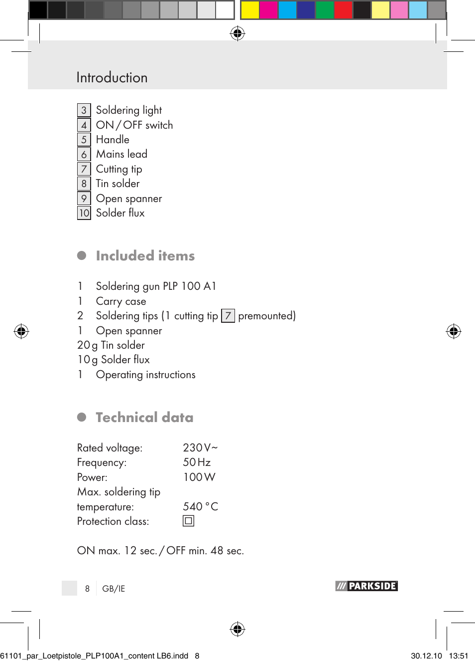 Introduction, Included items, Technical data | Parkside PLP 100 A1 User Manual | Page 7 / 17