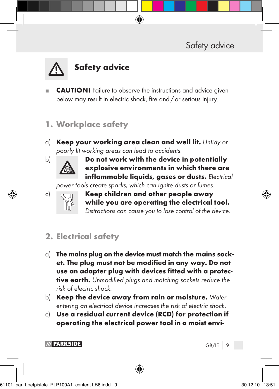 Safety advice, Workplace safety, Electrical safety | Parkside PLP 100 A1 User Manual | Page 8 / 17