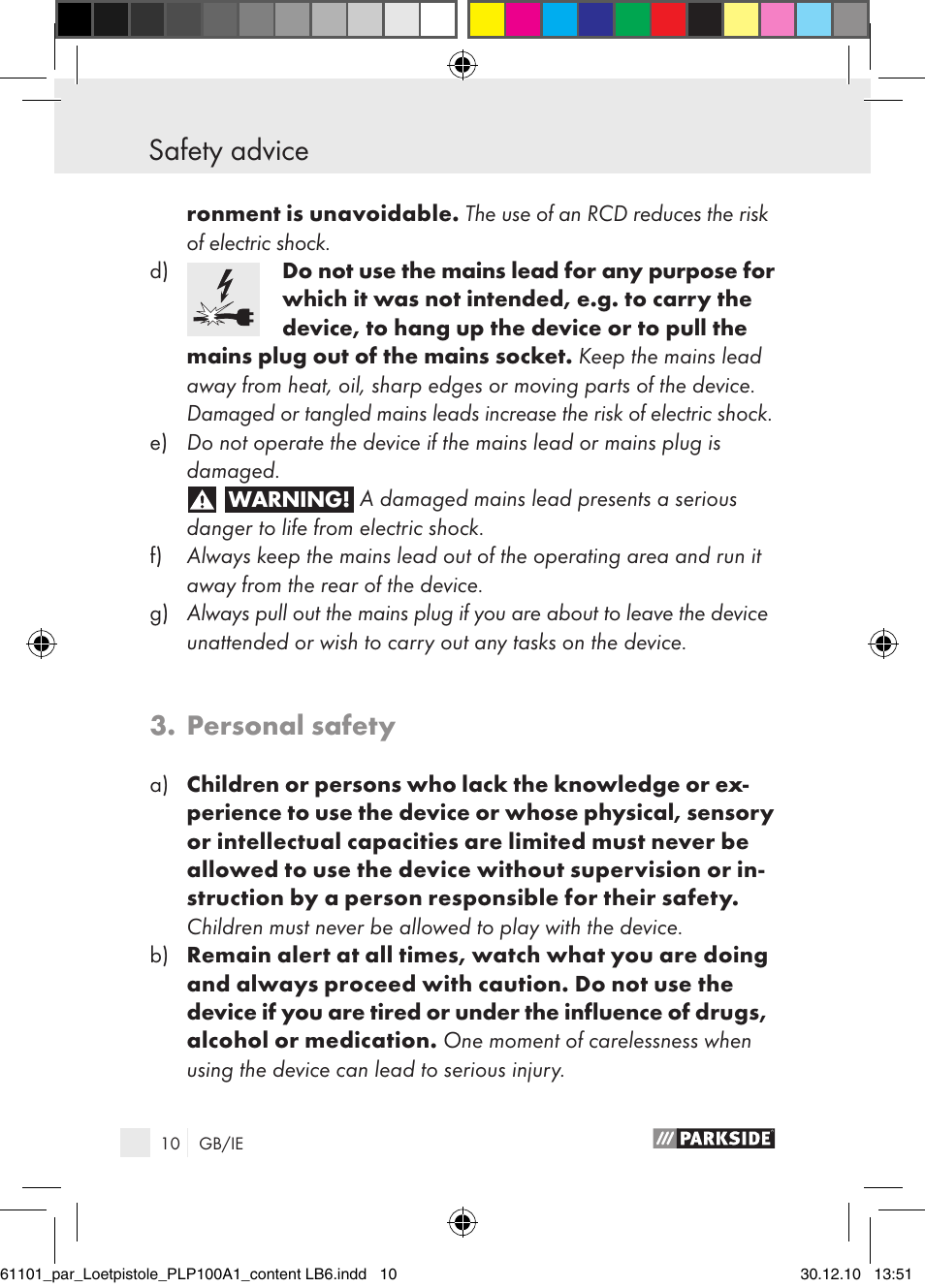 Safety advice, Personal safety | Parkside PLP 100 A1 User Manual | Page 9 / 17