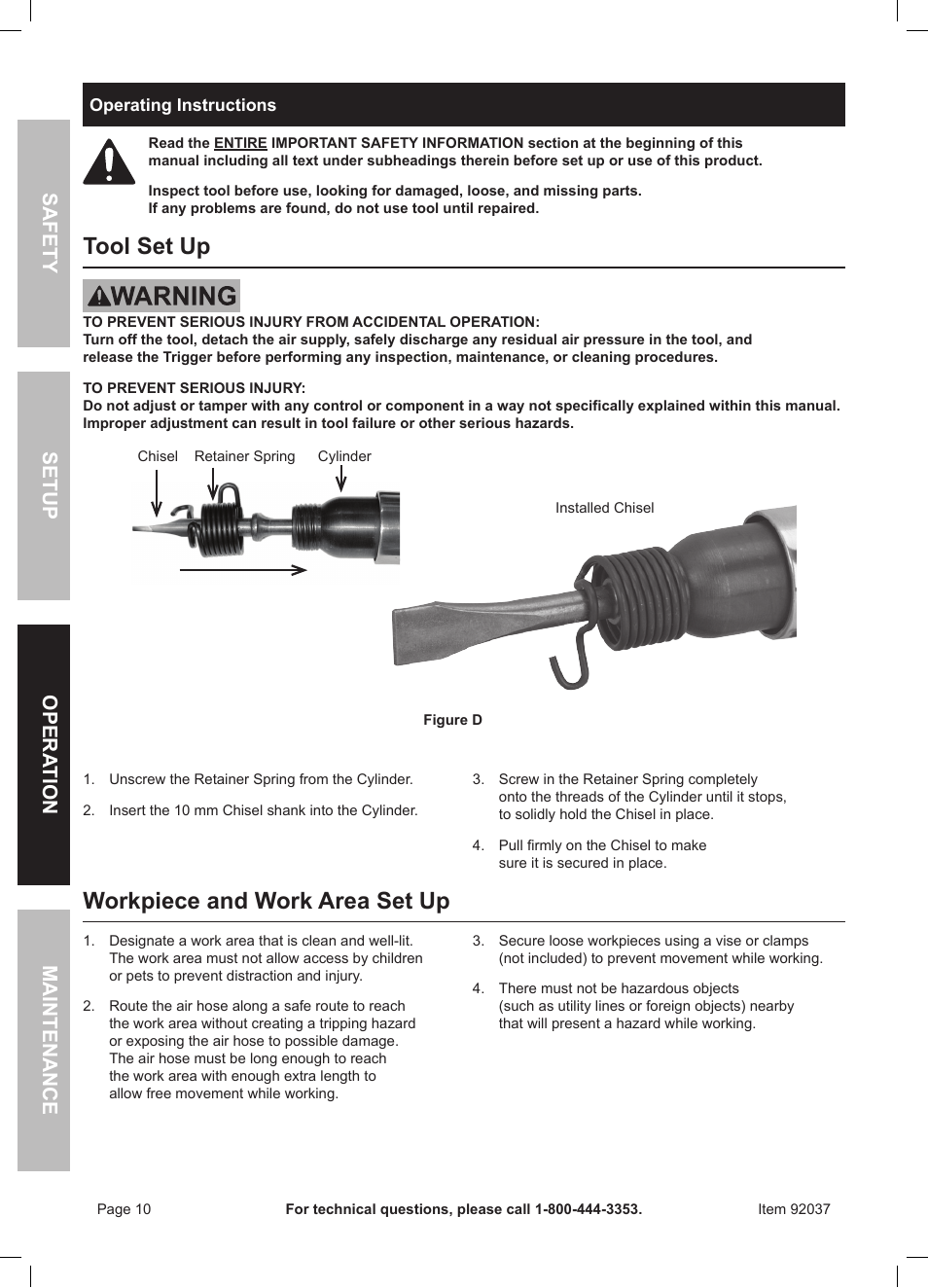 Tool set up, Workpiece and work area set up | Harbor Freight Tools ITEM 92037 User Manual | Page 10 / 16