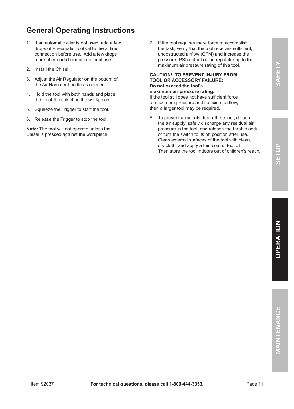 General operating instructions | Harbor Freight Tools ITEM 92037 User Manual | Page 11 / 16