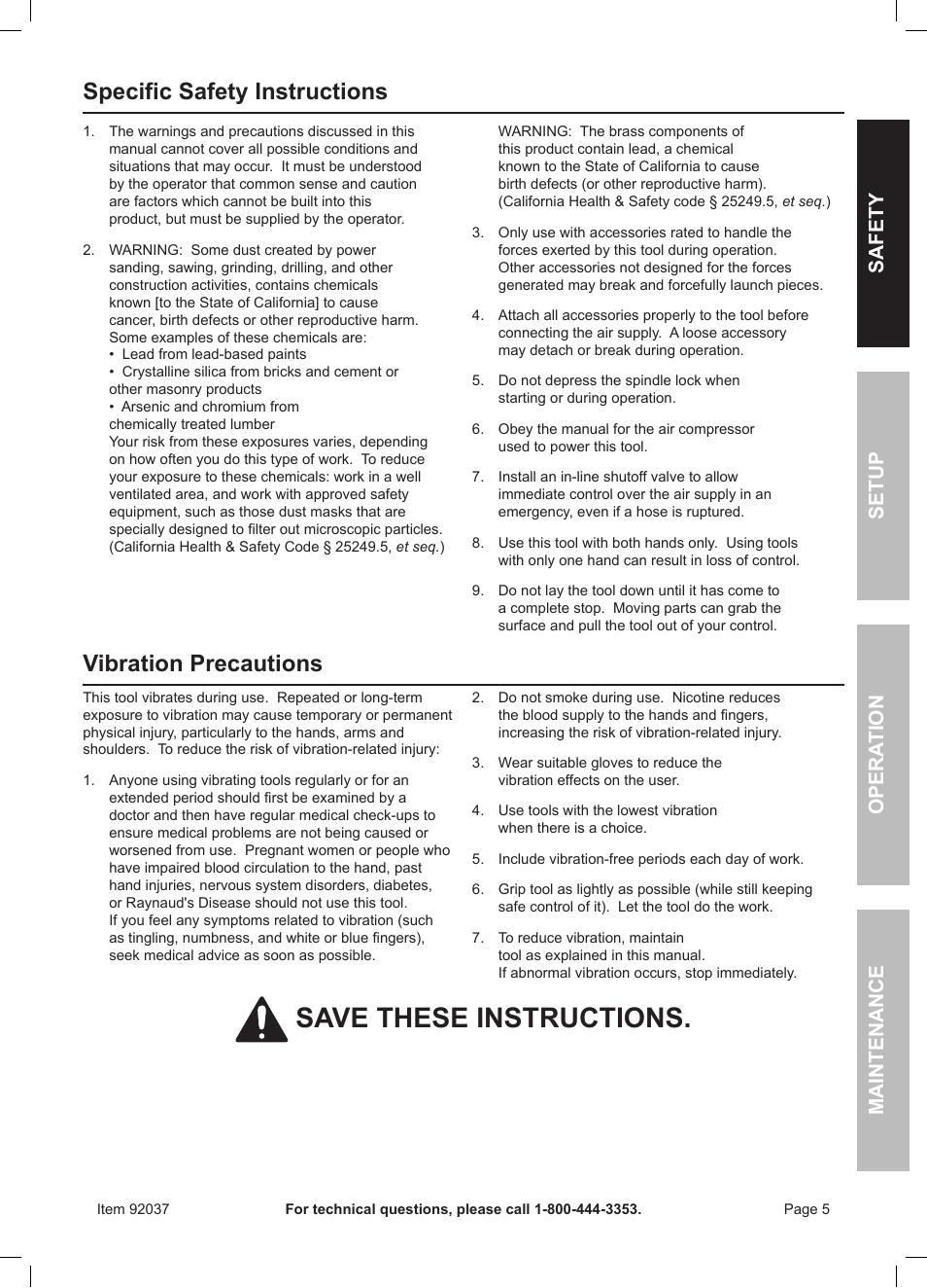 Save these instructions, Specific safety instructions, Vibration precautions | Harbor Freight Tools ITEM 92037 User Manual | Page 5 / 16