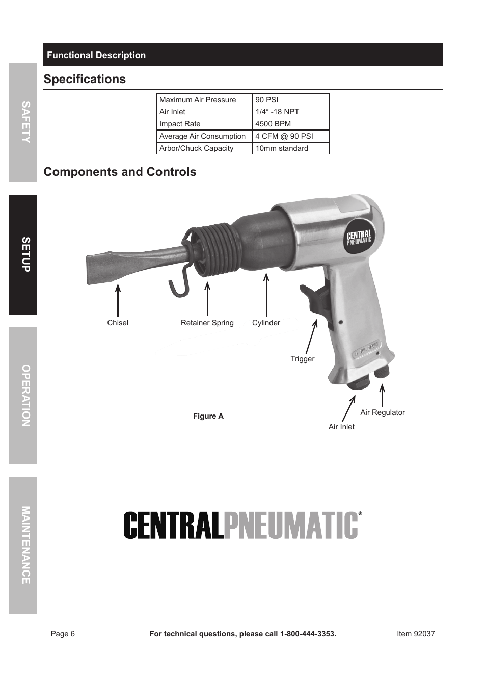 Specifications, Components and controls | Harbor Freight Tools ITEM 92037 User Manual | Page 6 / 16