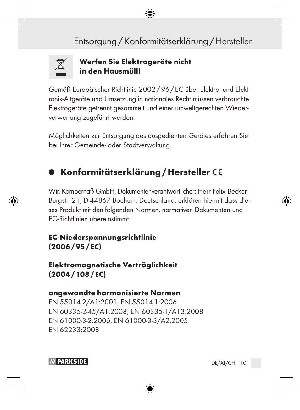 Entsorgung / konformitätserklärung / hersteller, Konformitätserklärung / hersteller | Parkside PLP 100 A1 User Manual | Page 100 / 102