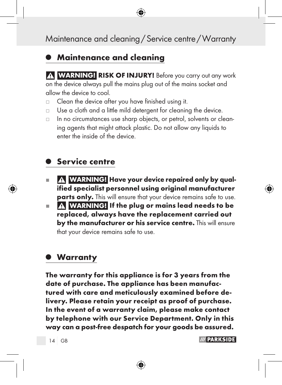 Maintenance and cleaning, Service centre, Warranty | Parkside PLP 100 A1 User Manual | Page 13 / 102