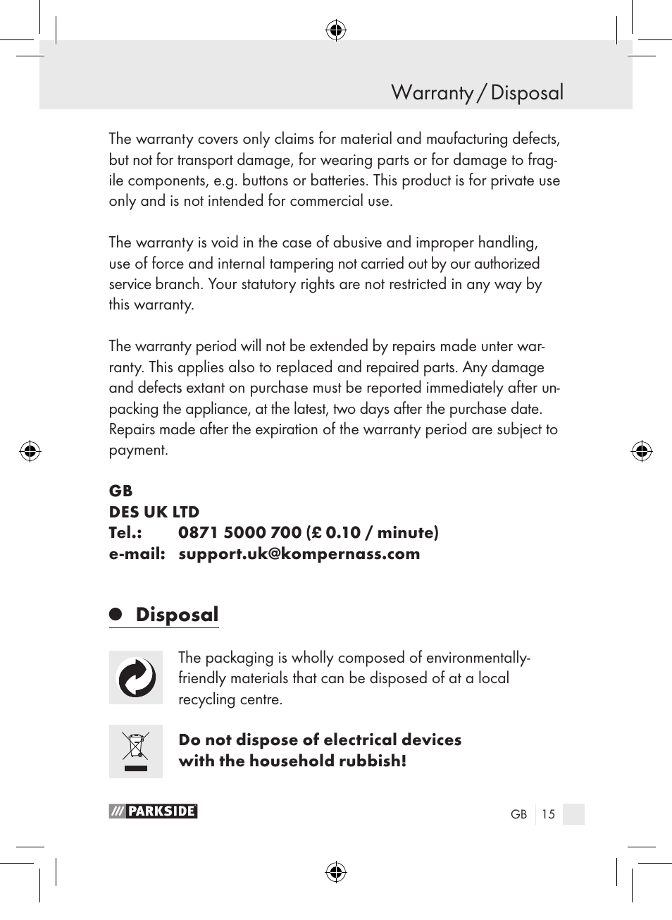 Warranty / disposal, Disposal | Parkside PLP 100 A1 User Manual | Page 14 / 102