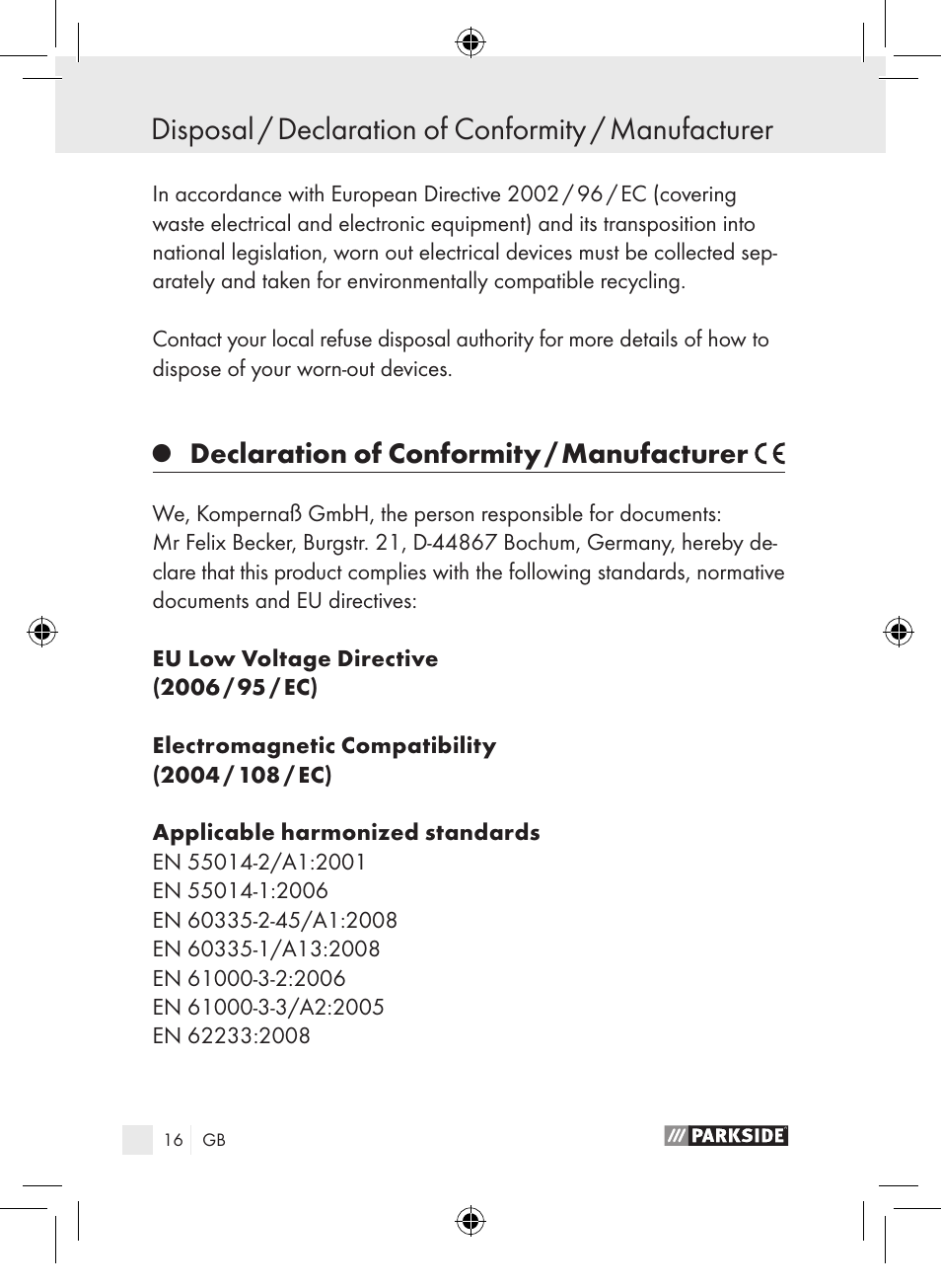 Declaration of conformity / manufacturer | Parkside PLP 100 A1 User Manual | Page 15 / 102