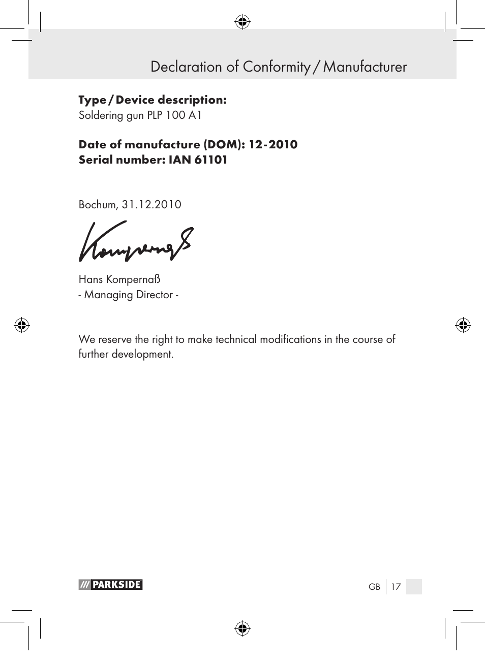 Declaration of conformity / manufacturer | Parkside PLP 100 A1 User Manual | Page 16 / 102