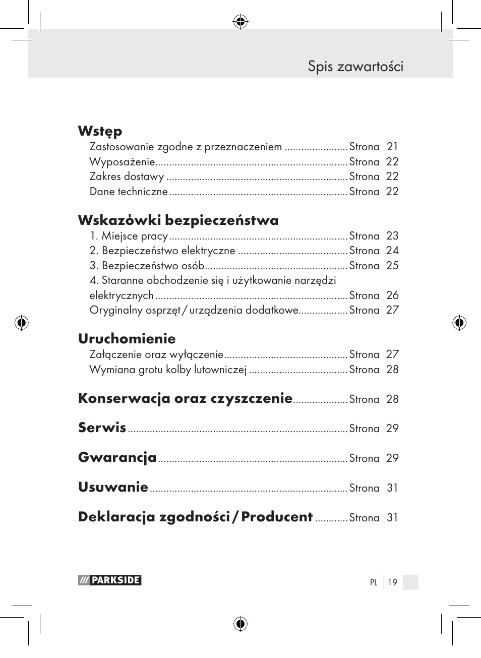 Spis zawartości, Wstęp, Wskazόwki bezpieczeństwa | Uruchomienie, Konserwacja oraz czyszczenie, Serwis, Gwarancja, Usuwanie, Deklaracja zgodności / producent | Parkside PLP 100 A1 User Manual | Page 18 / 102