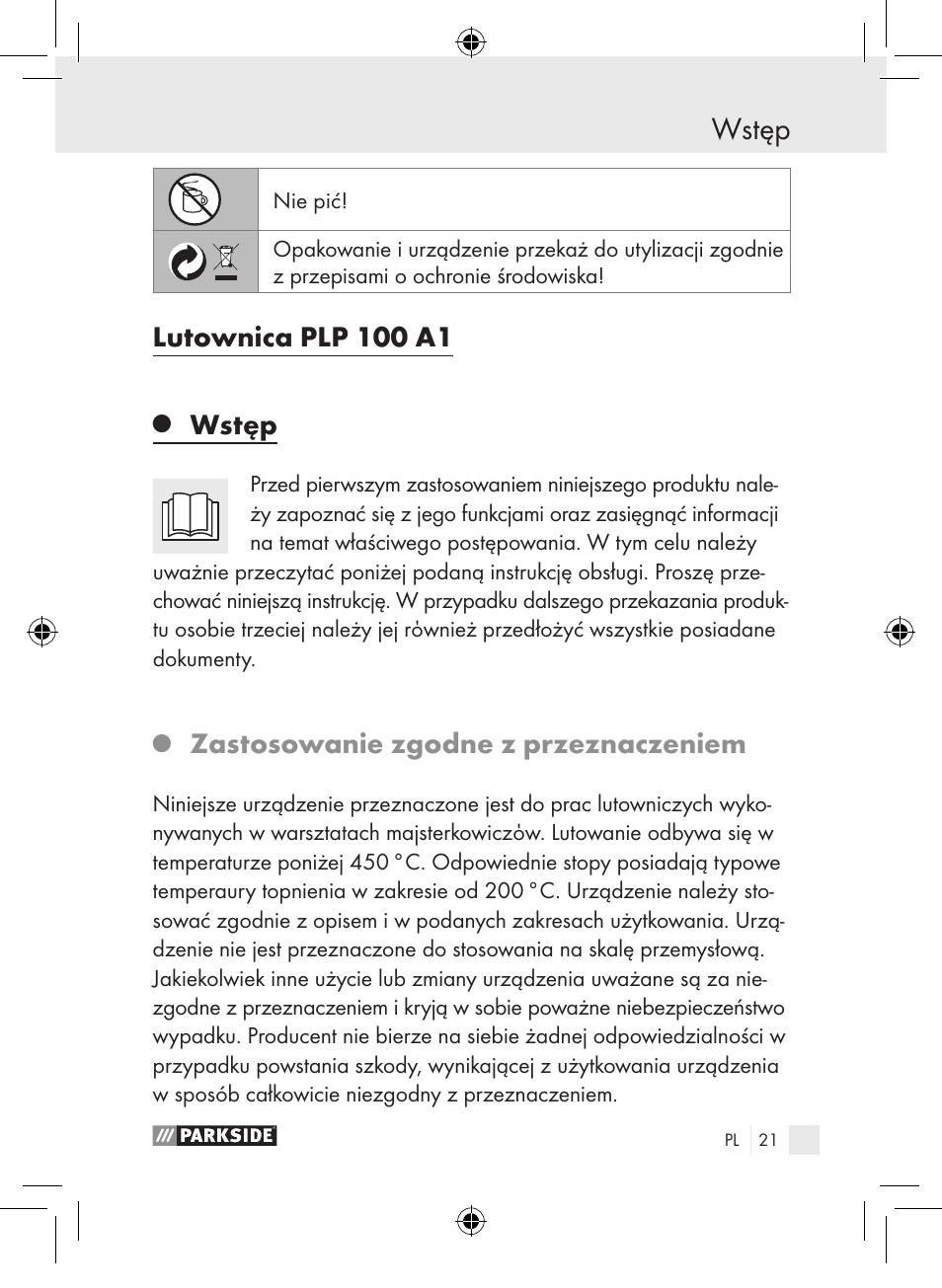 Lutownica plp 100 a1, Wstęp, Zastosowanie zgodne z przeznaczeniem | Parkside PLP 100 A1 User Manual | Page 20 / 102