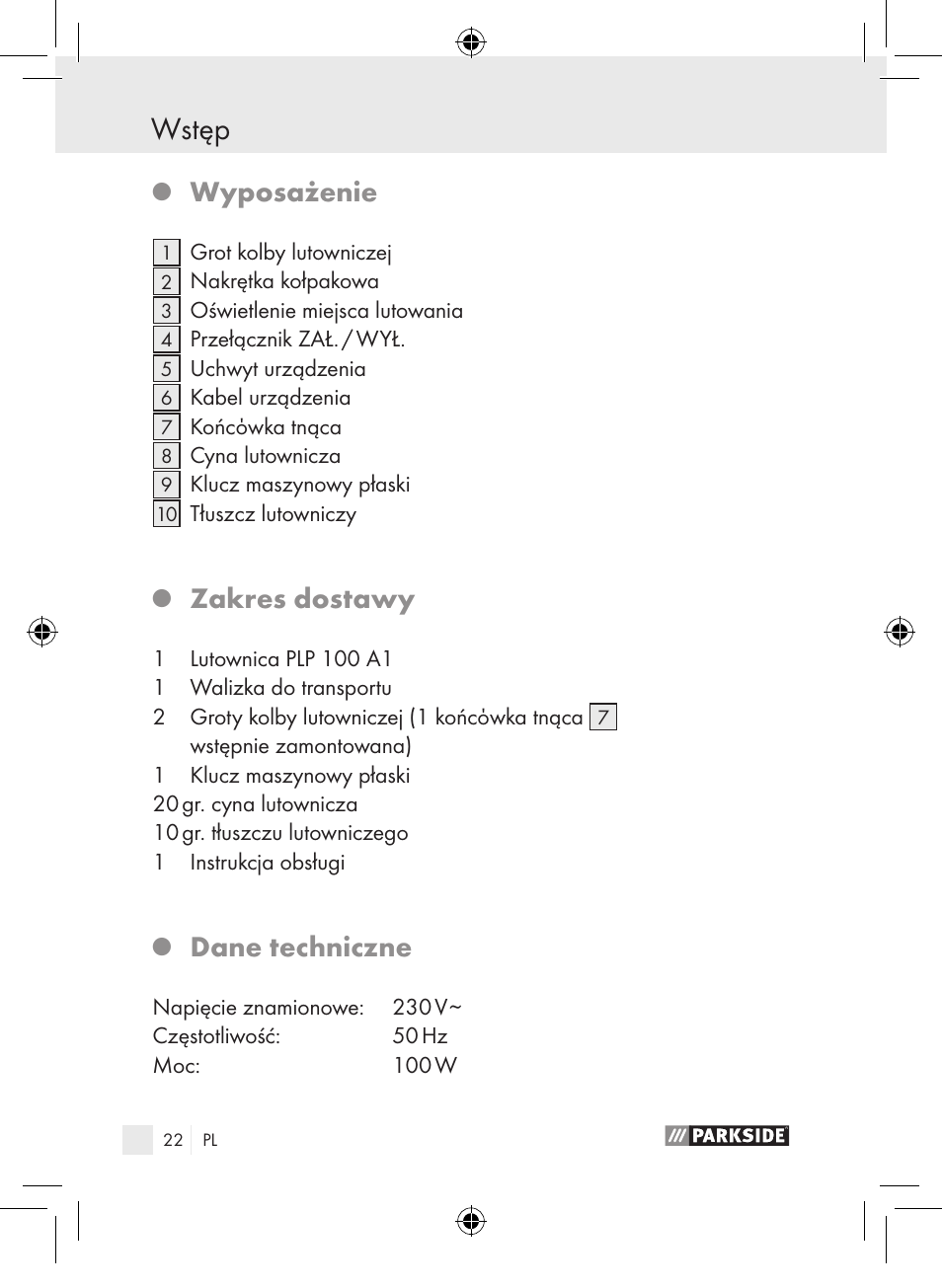 Wstęp, Wyposażenie, Zakres dostawy | Dane techniczne | Parkside PLP 100 A1 User Manual | Page 21 / 102