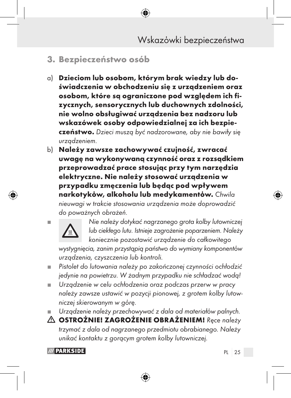 Wskazόwki bezpieczeństwa, Bezpieczeństwo osób | Parkside PLP 100 A1 User Manual | Page 24 / 102