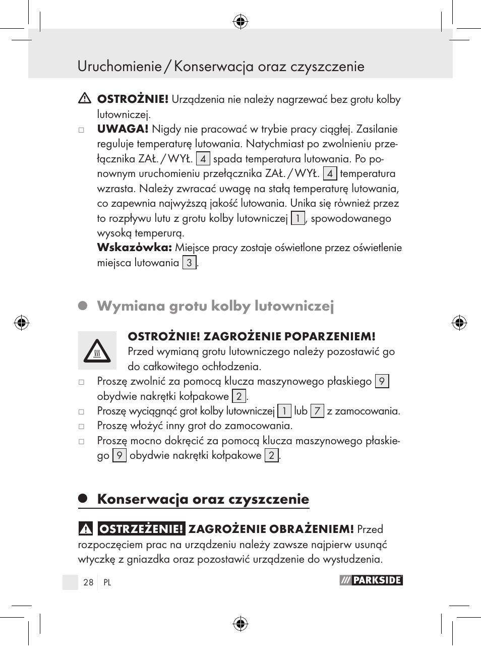 Uruchomienie / konserwacja oraz czyszczenie, Wymiana grotu kolby lutowniczej, Konserwacja oraz czyszczenie | Parkside PLP 100 A1 User Manual | Page 27 / 102