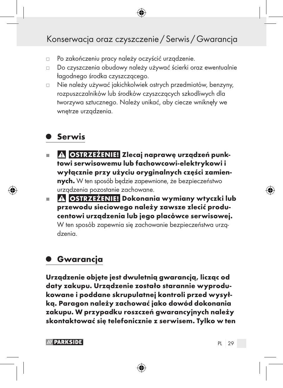 Konserwacja oraz czyszczenie / serwis / gwarancja, Serwis, Gwarancja | Parkside PLP 100 A1 User Manual | Page 28 / 102