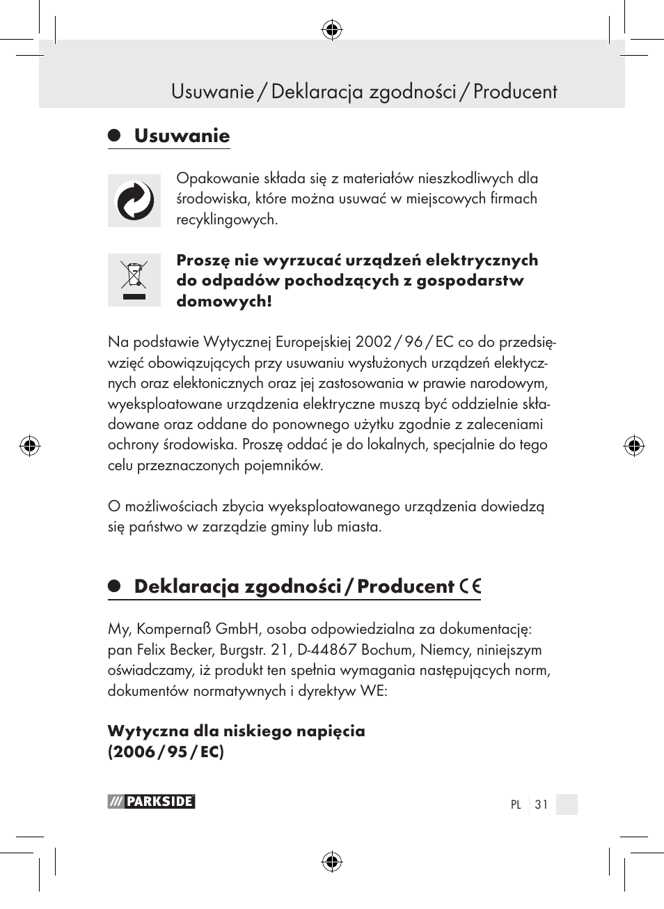 Usuwanie / deklaracja zgodności / producent, Usuwanie, Deklaracja zgodności / producent | Parkside PLP 100 A1 User Manual | Page 30 / 102