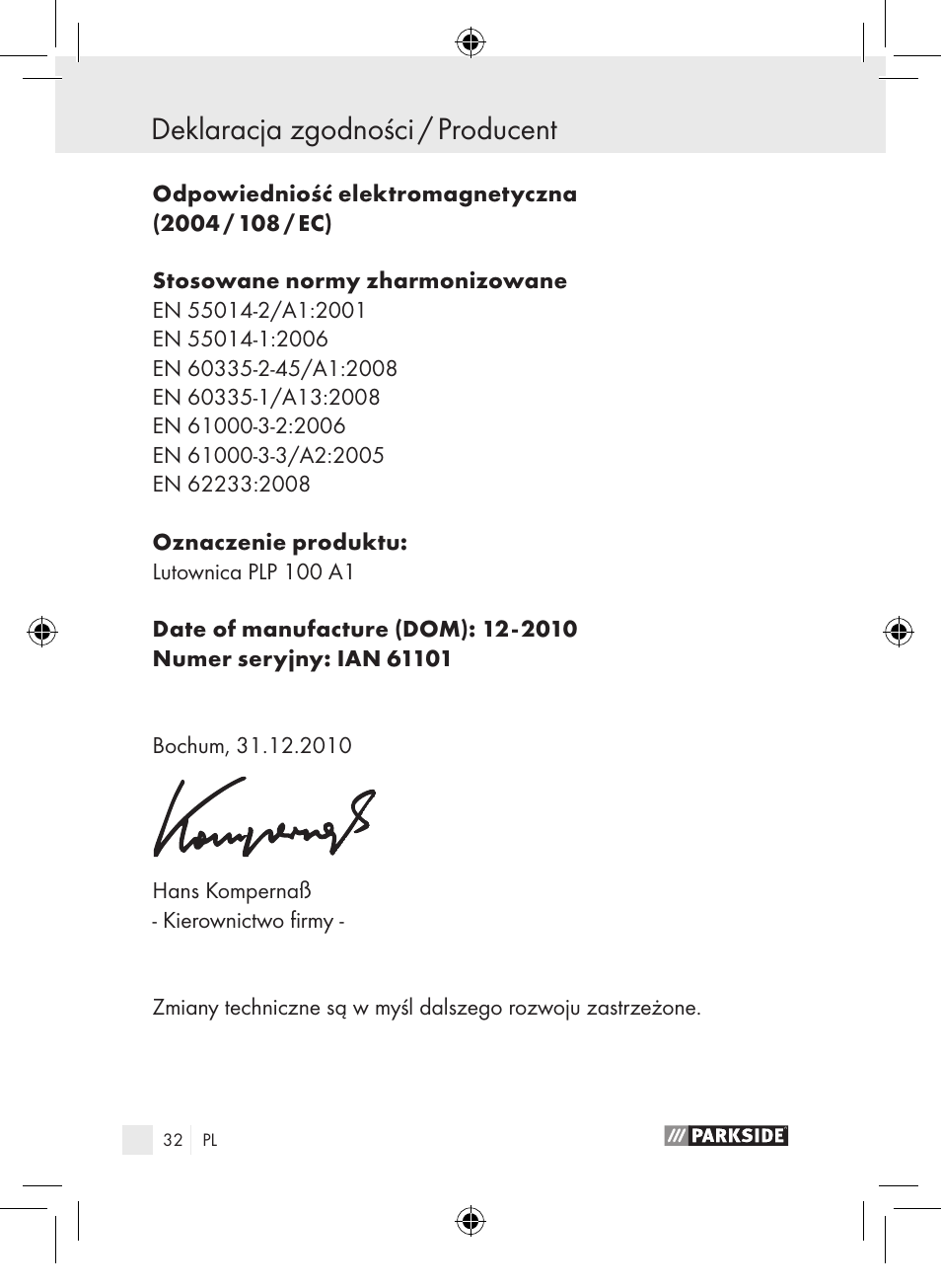 Deklaracja zgodności / producent | Parkside PLP 100 A1 User Manual | Page 31 / 102