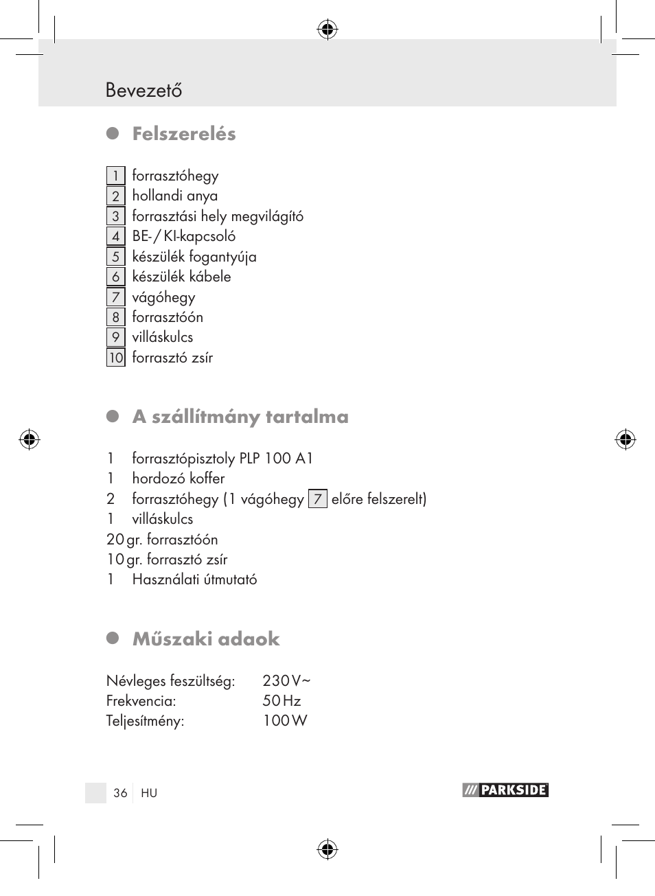 Bevezető, Felszerelés, A szállítmány tartalma | Műszaki adaok | Parkside PLP 100 A1 User Manual | Page 35 / 102