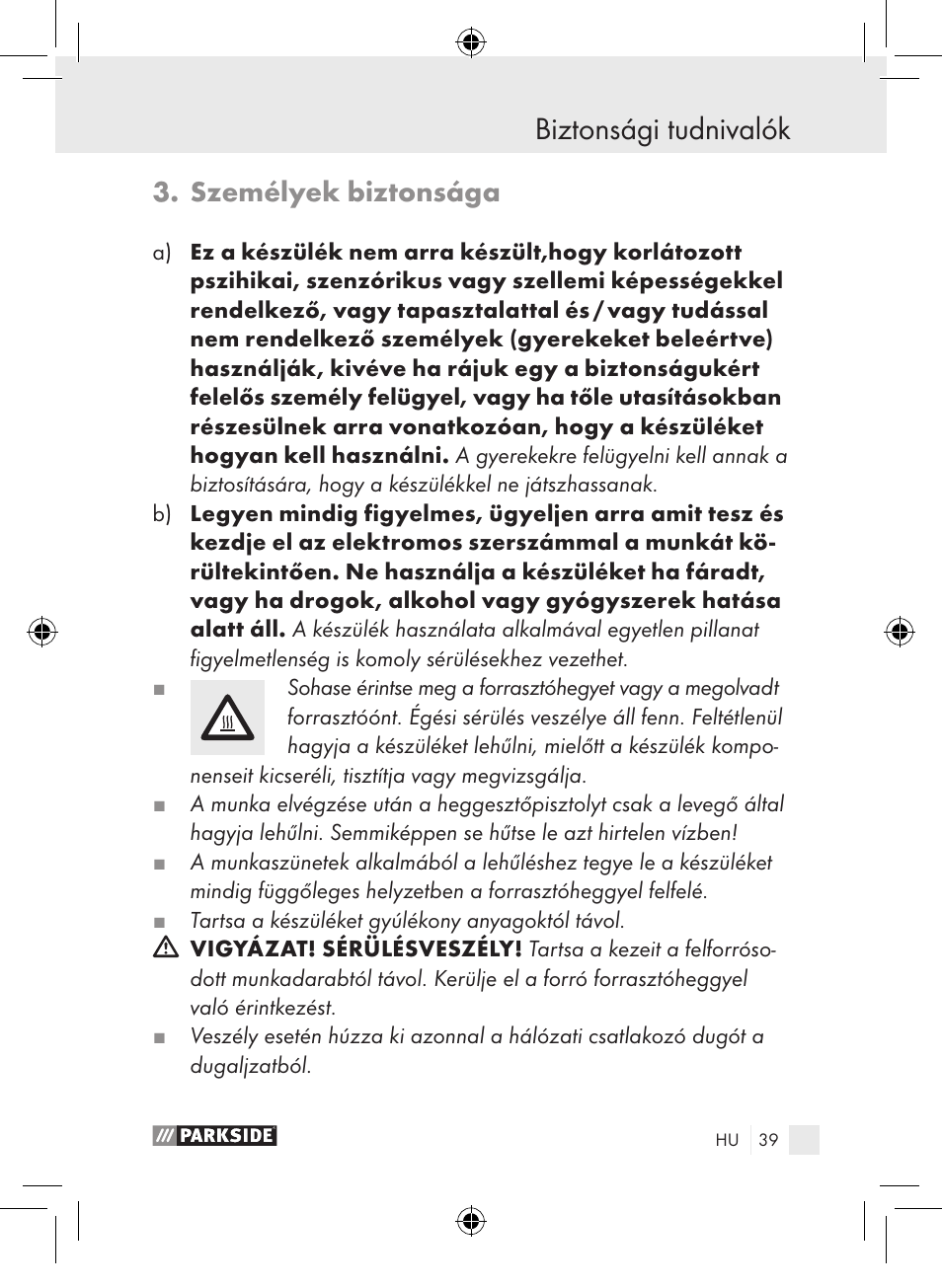 Biztonsági tudnivalók, Személyek biztonsága | Parkside PLP 100 A1 User Manual | Page 38 / 102