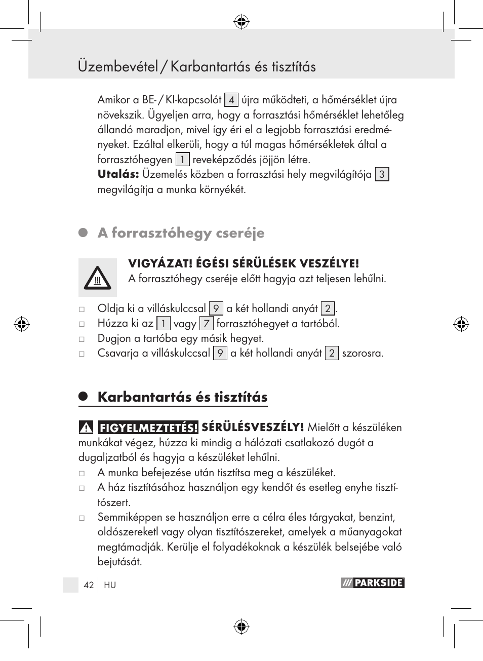 Üzembevétel / karbantartás és tisztítás, A forrasztóhegy cseréje, Karbantartás és tisztítás | Parkside PLP 100 A1 User Manual | Page 41 / 102