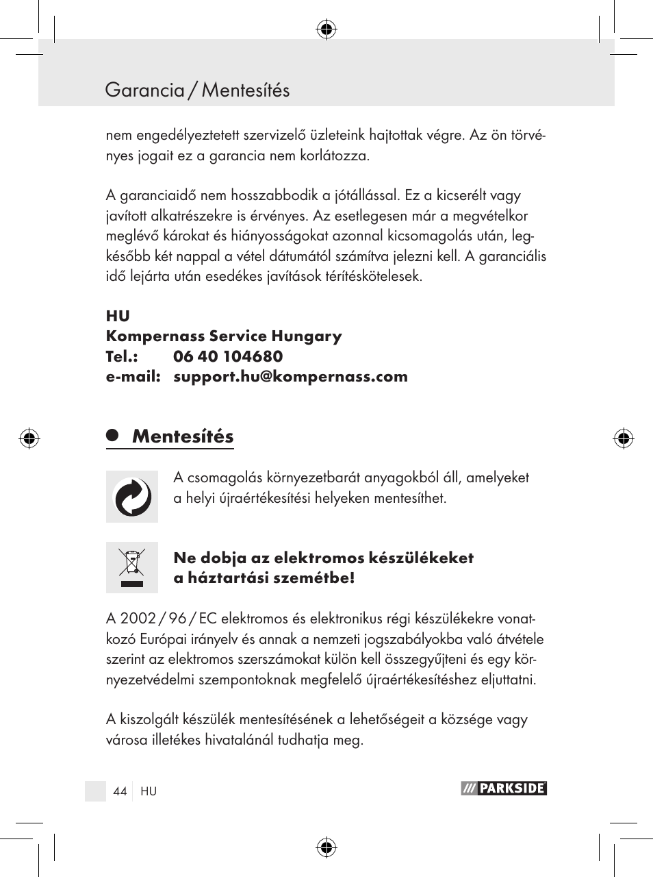 Garancia / mentesítés, Mentesítés | Parkside PLP 100 A1 User Manual | Page 43 / 102