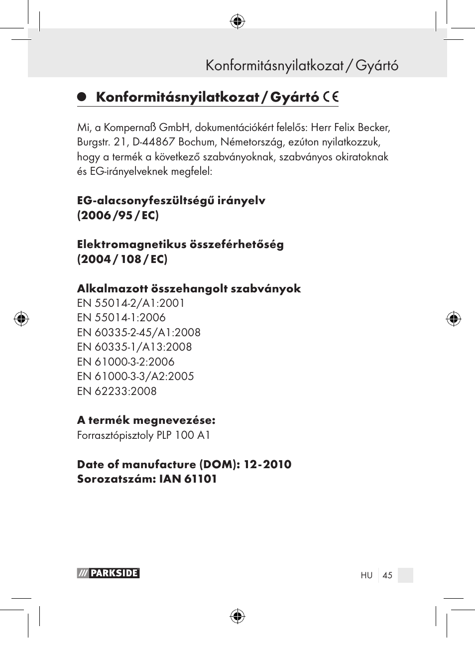 Konformitásnyilatkozat / gyártó | Parkside PLP 100 A1 User Manual | Page 44 / 102