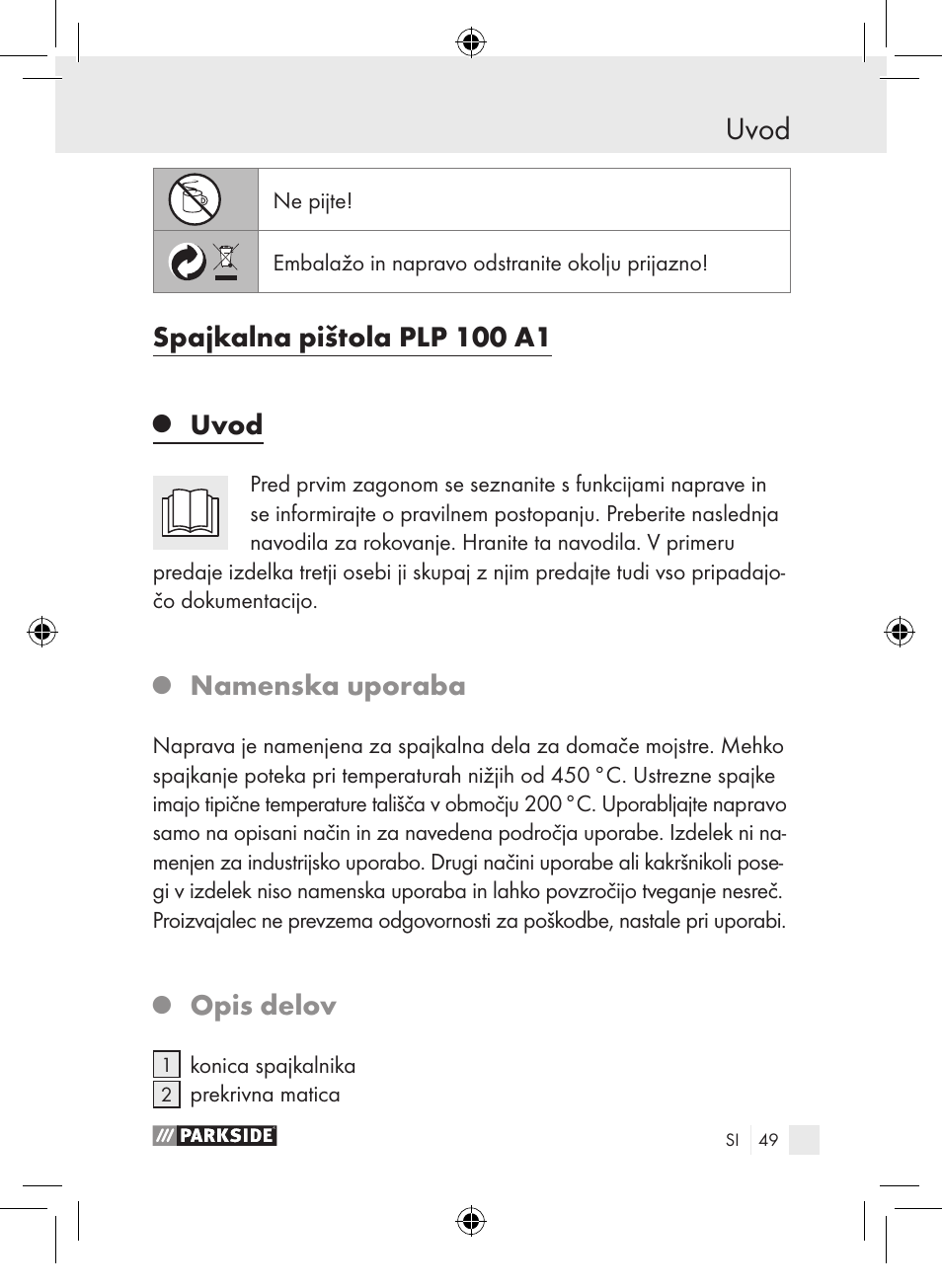 Uvod, Spajkalna pištola plp 100 a1, Namenska uporaba | Opis delov | Parkside PLP 100 A1 User Manual | Page 48 / 102
