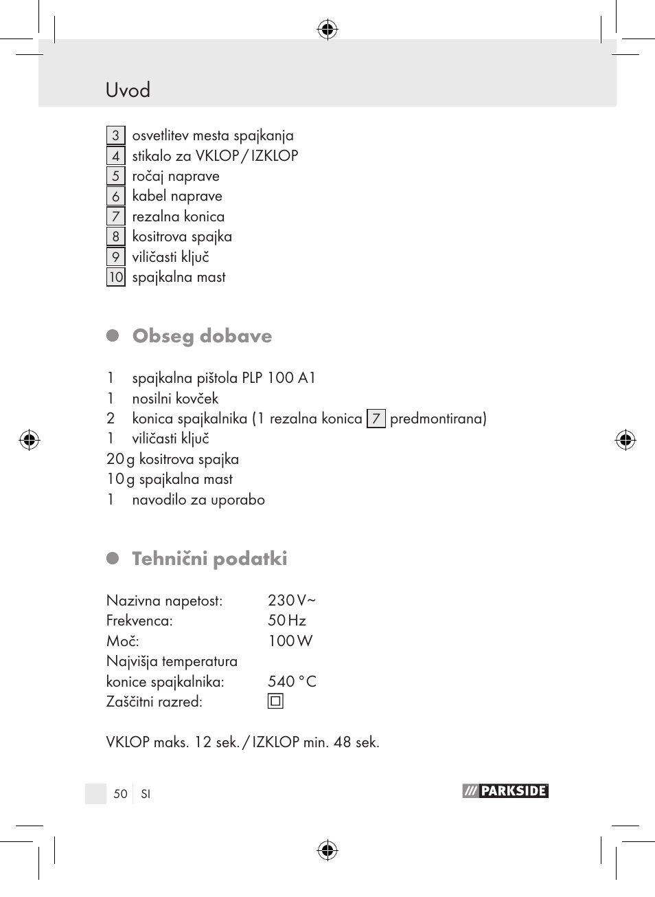 Uvod, Obseg dobave, Tehnični podatki | Parkside PLP 100 A1 User Manual | Page 49 / 102