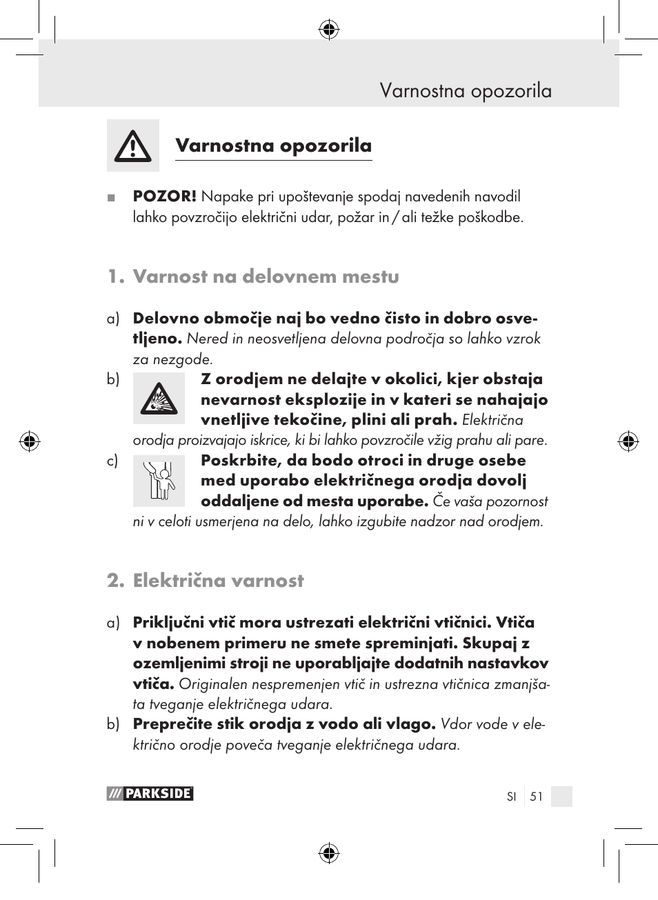 Varnostna opozorila, Varnost na delovnem mestu, Električna varnost | Parkside PLP 100 A1 User Manual | Page 50 / 102