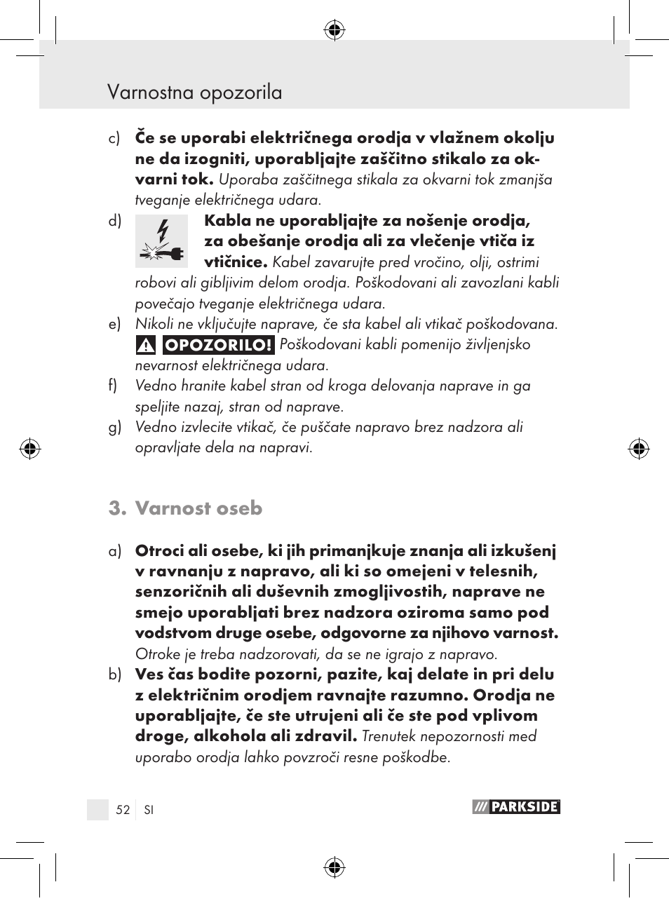 Varnostna opozorila, Varnost oseb | Parkside PLP 100 A1 User Manual | Page 51 / 102