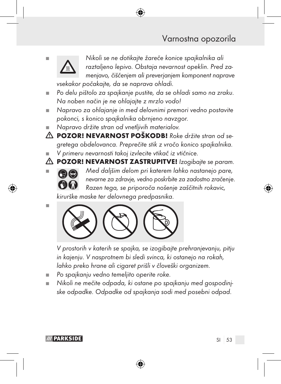 Varnostna opozorila | Parkside PLP 100 A1 User Manual | Page 52 / 102