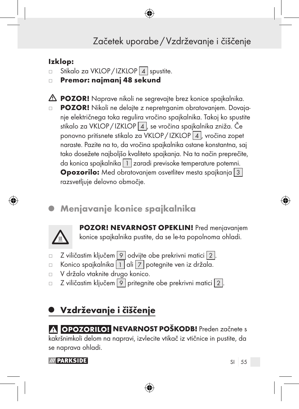 Začetek uporabe / vzdrževanje i čiščenje, Menjavanje konice spajkalnika, Vzdrževanje i čiščenje | Parkside PLP 100 A1 User Manual | Page 54 / 102