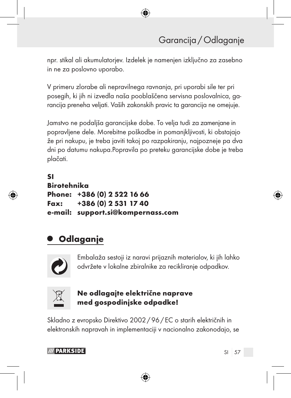 Garancija / odlaganje, Odlaganje | Parkside PLP 100 A1 User Manual | Page 56 / 102