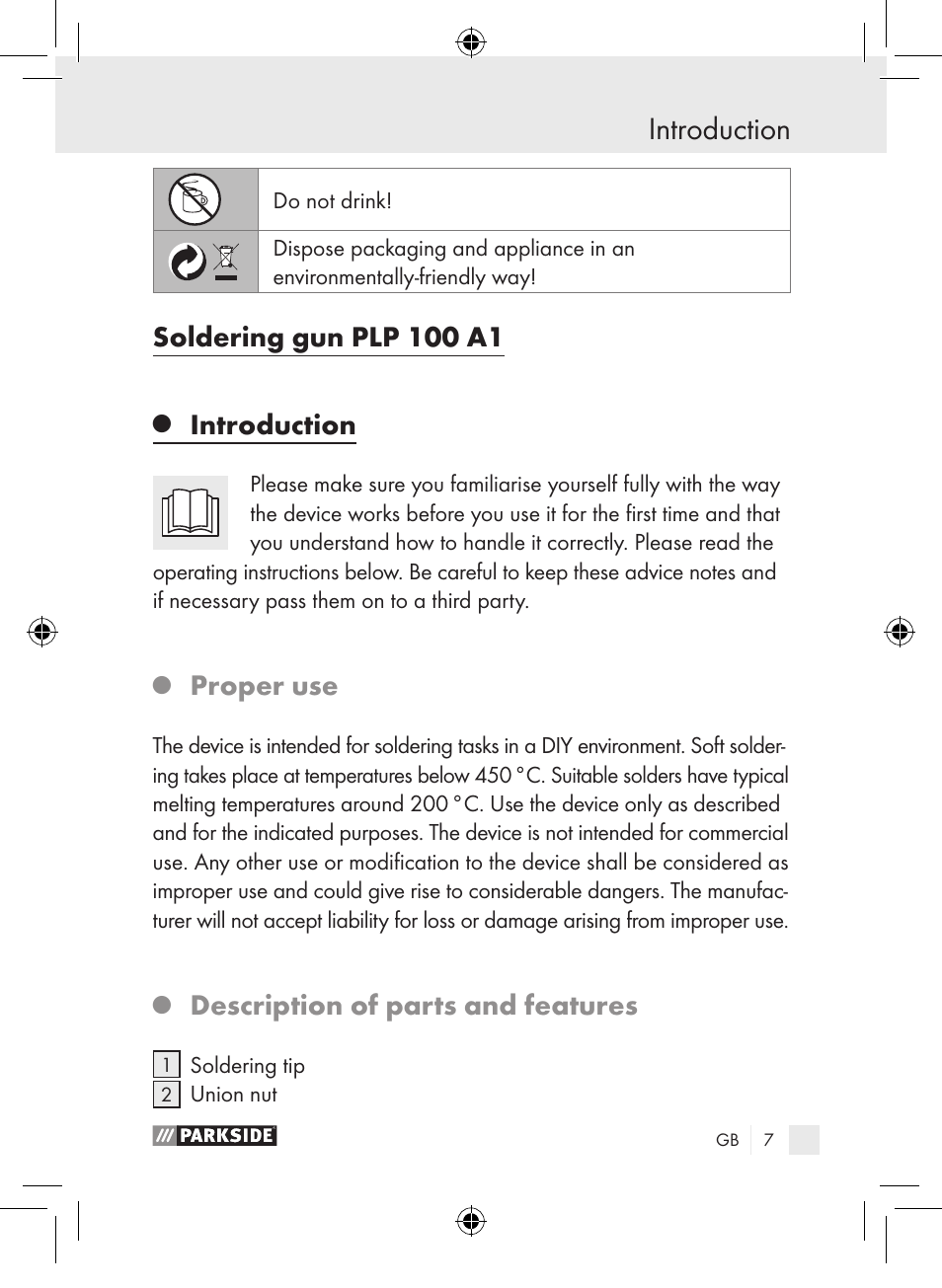 Introduction, Soldering gun plp 100 a1, Proper use | Description of parts and features | Parkside PLP 100 A1 User Manual | Page 6 / 102