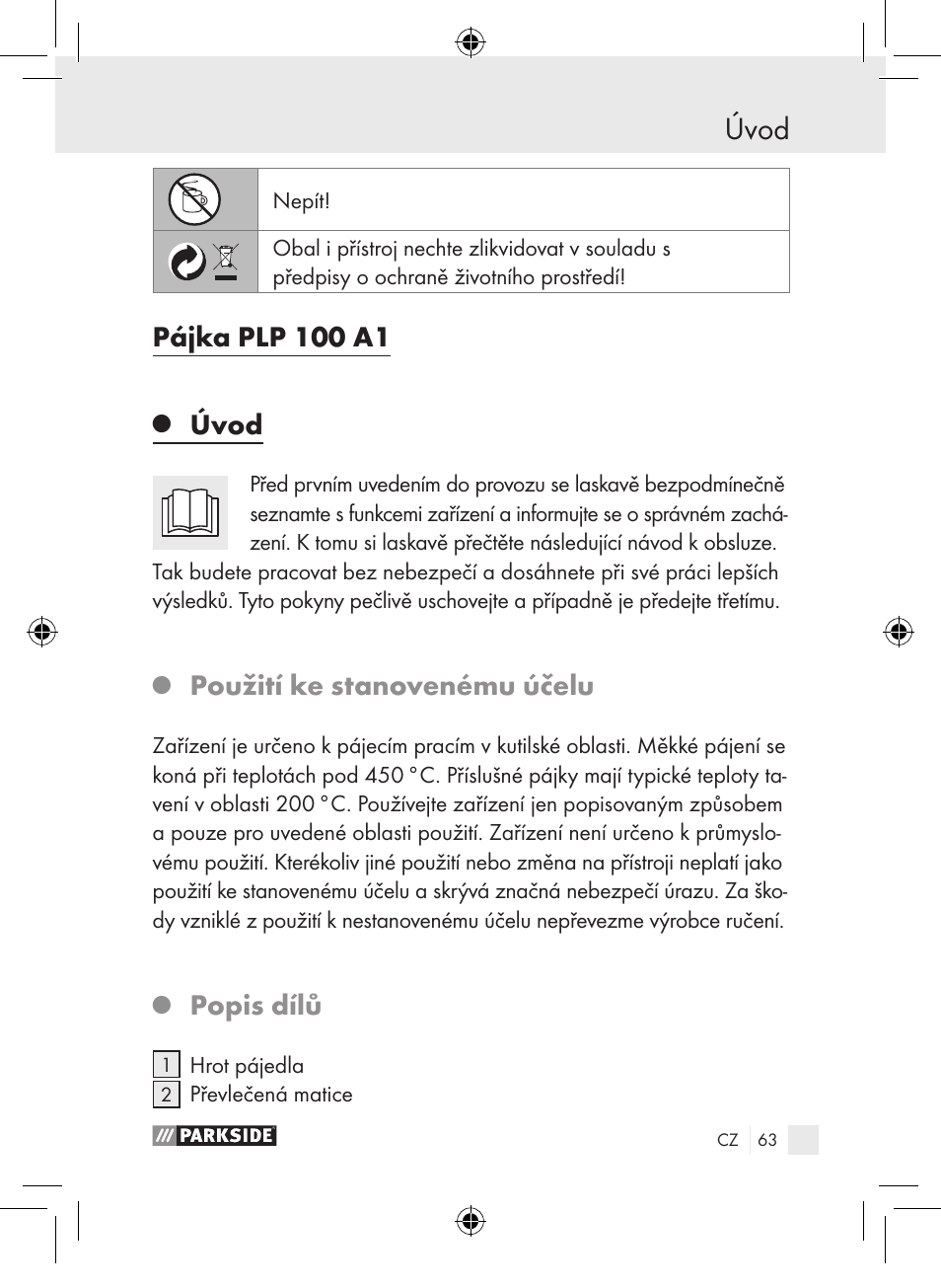 Úvod, Pájka plp 100 a1, Použití ke stanovenému účelu | Popis dílů | Parkside PLP 100 A1 User Manual | Page 62 / 102