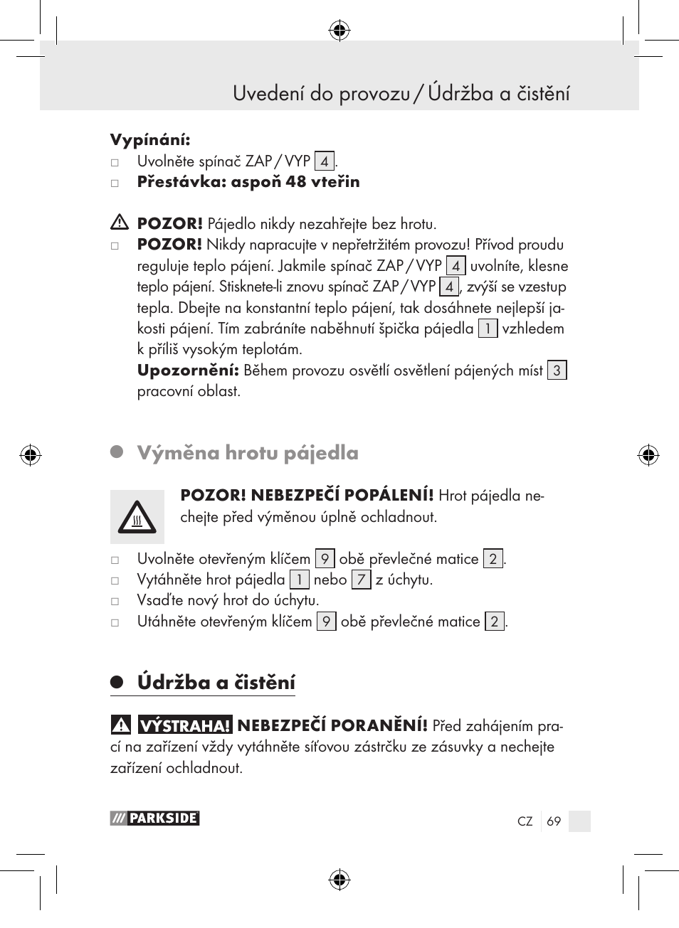 Uvedení do provozu / údržba a čistění, Výměna hrotu pájedla, Údržba a čistění | Parkside PLP 100 A1 User Manual | Page 68 / 102