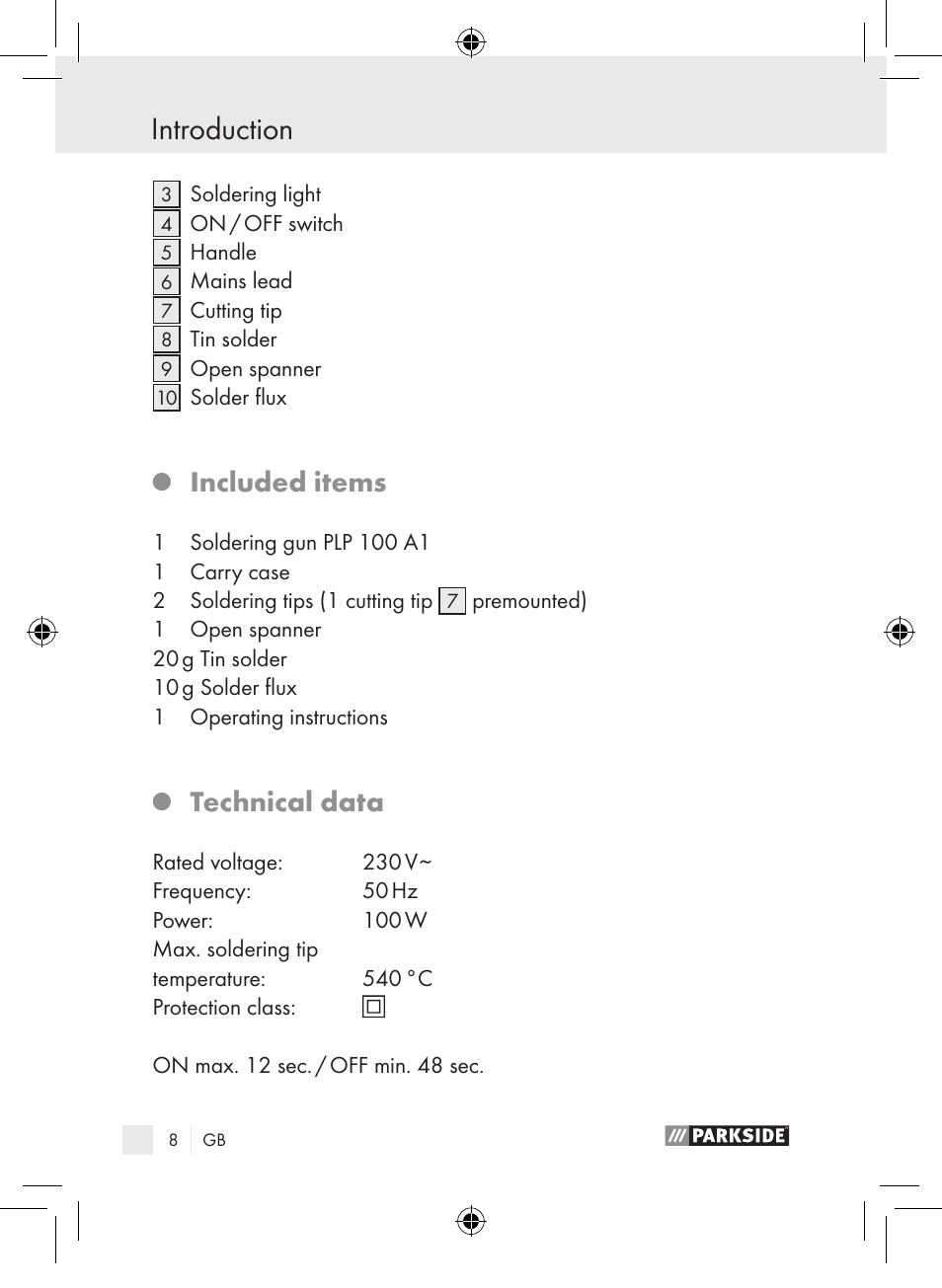 Introduction, Included items, Technical data | Parkside PLP 100 A1 User Manual | Page 7 / 102