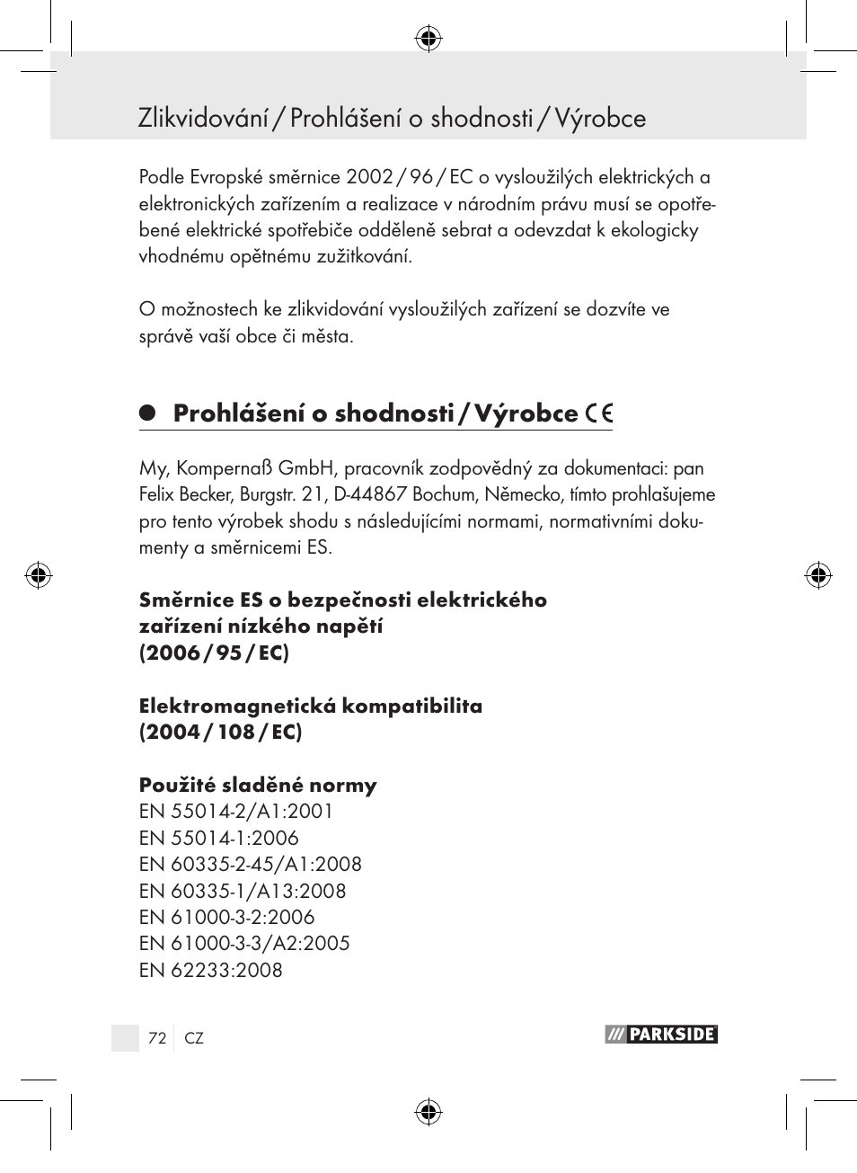 Zlikvidování / prohlášení o shodnosti / výrobce, Prohlášení o shodnosti / výrobce | Parkside PLP 100 A1 User Manual | Page 71 / 102