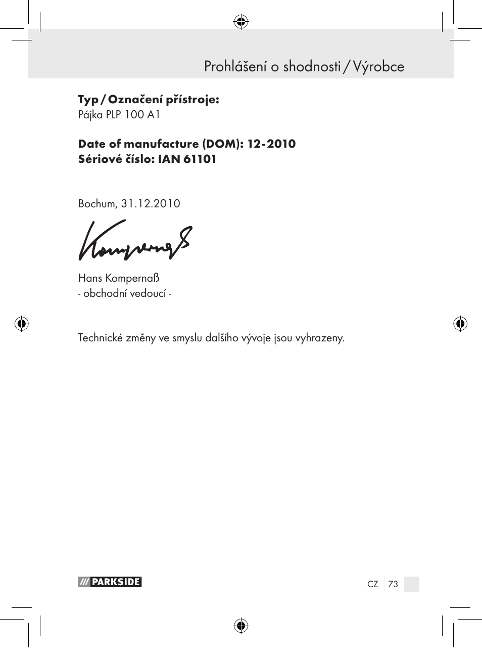 Prohlášení o shodnosti / výrobce | Parkside PLP 100 A1 User Manual | Page 72 / 102