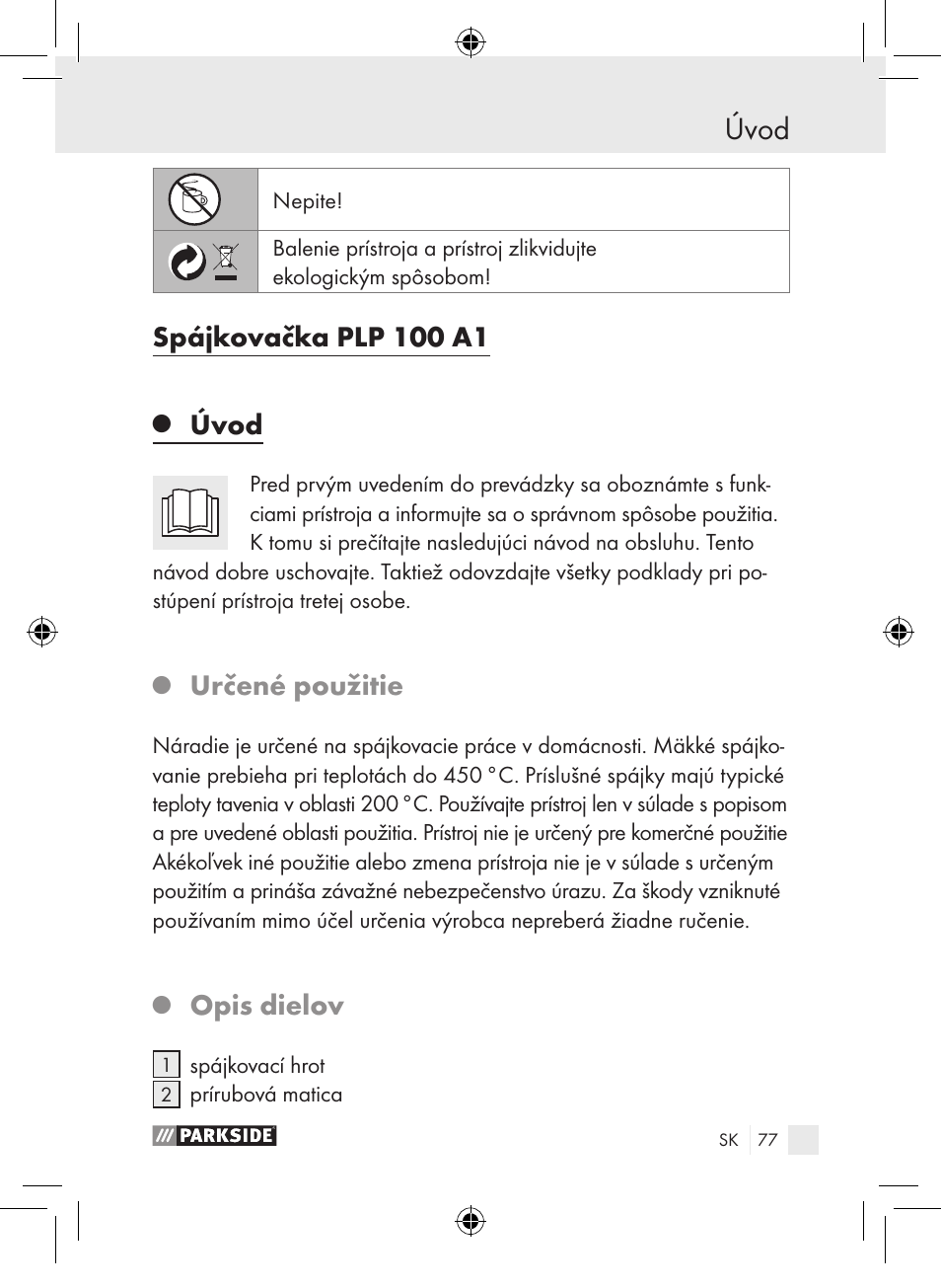 Úvod, Spájkovačka plp 100 a1, Určené použitie | Opis dielov | Parkside PLP 100 A1 User Manual | Page 76 / 102