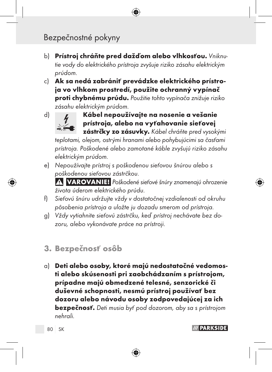 Bezpečnostné pokyny, Bezpečnosť osôb | Parkside PLP 100 A1 User Manual | Page 79 / 102