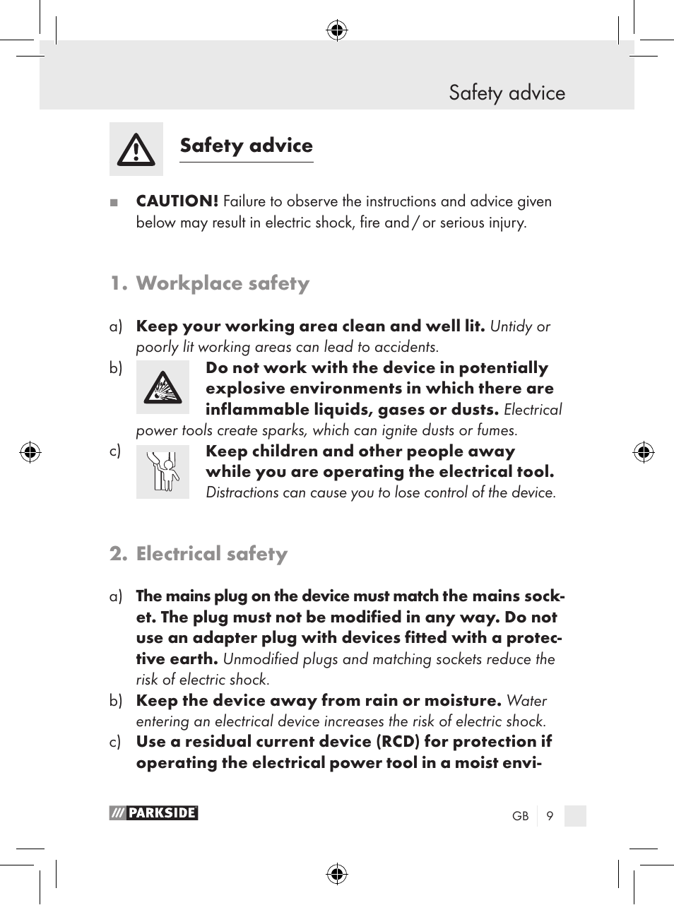 Safety advice, Workplace safety, Electrical safety | Parkside PLP 100 A1 User Manual | Page 8 / 102