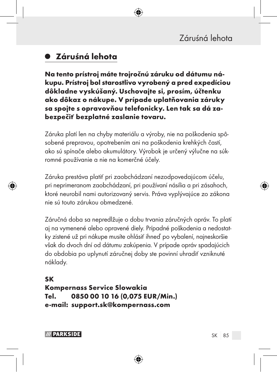 Záruśná lehota | Parkside PLP 100 A1 User Manual | Page 84 / 102